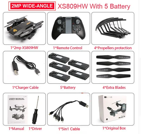 XS809W WD 5B XS809HW FPV дрона с дистанционным управлением с поддержкой Wi-Fi 2MP/0.3MP Камера 2,4G 6-осей, «Безголовый» режим удержания высоты, складной Квадрокоптер с дистанционным управлением с 5in1 кабины - Цвет: XS809W WD 5B