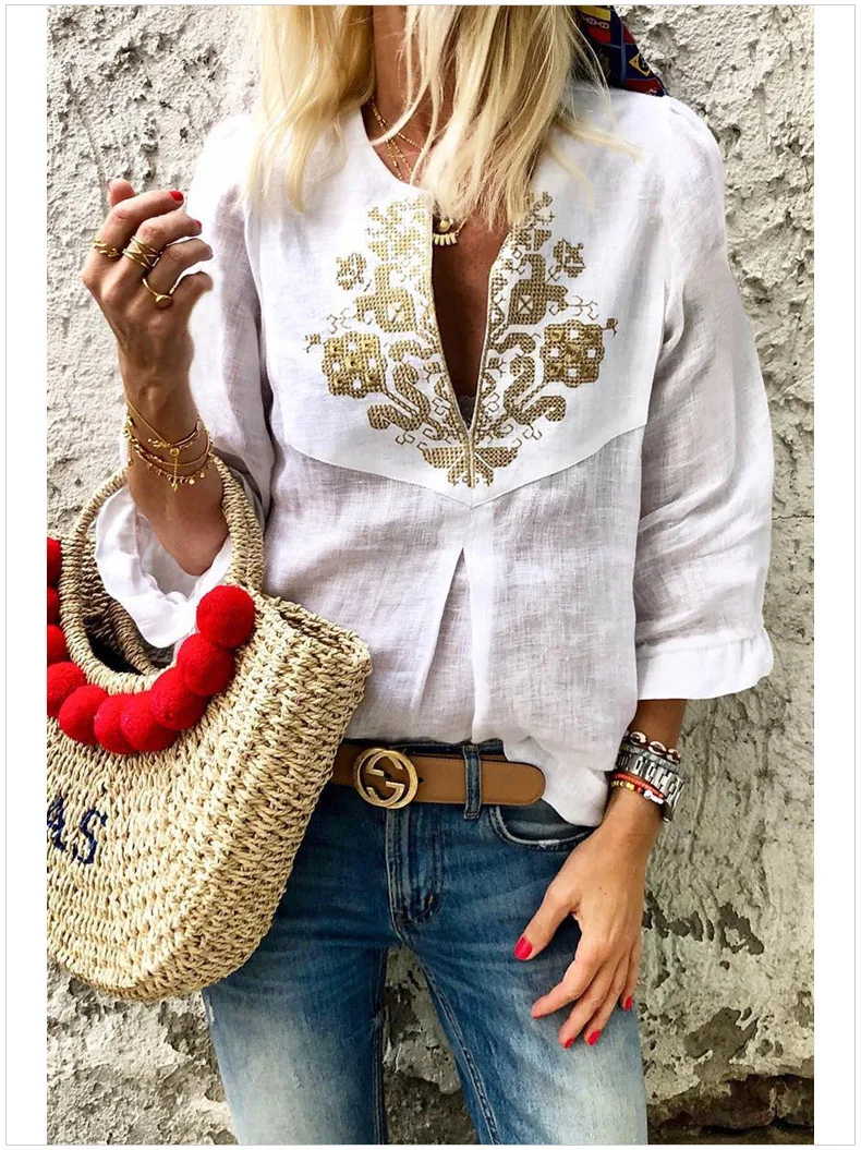 Boho вышитая V шеи 3/4 рукав Повседневная Блузка