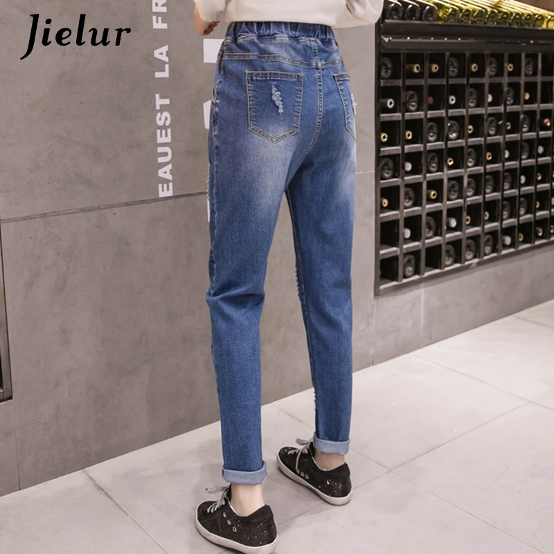 Jielur 2019 осенние модные синие джинсы женские свободные брюки больших размеров