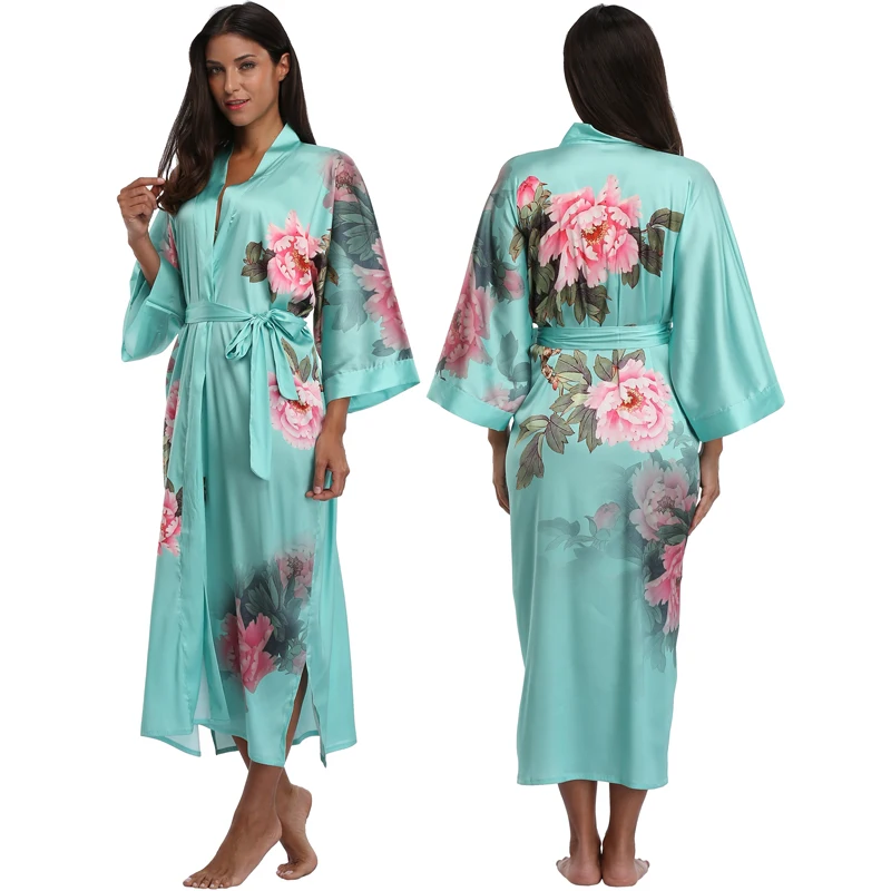 Высококачественное шелковое атласное кимоно Сексуальное цветочное платье