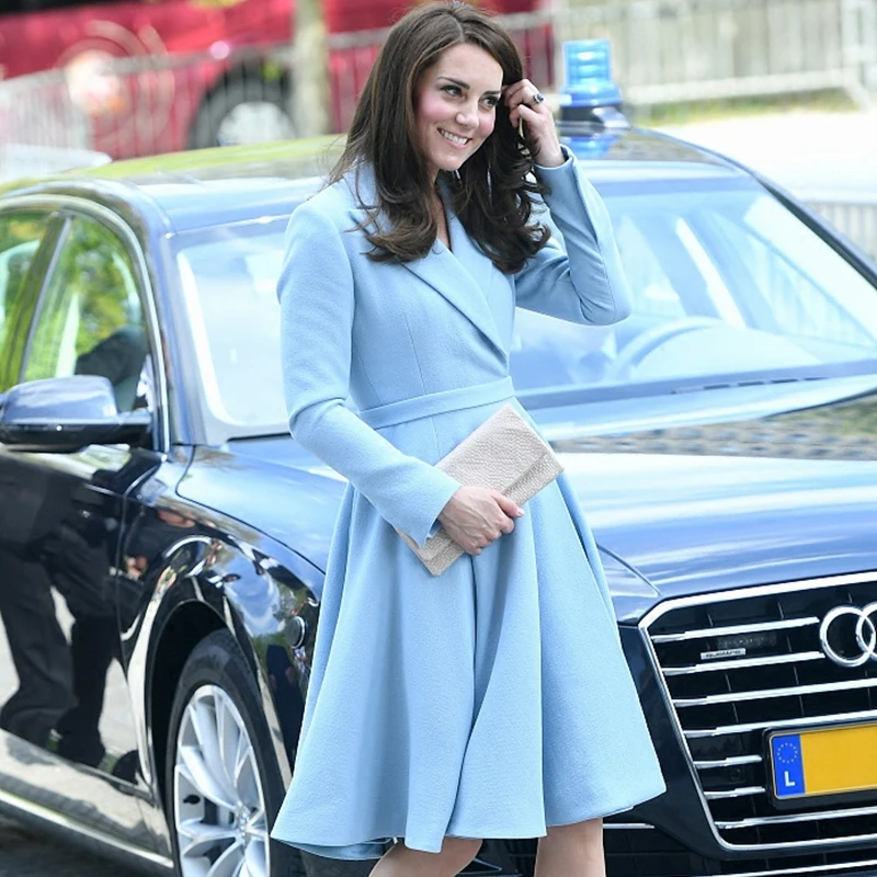 Женское Плиссированное пальто Kate Middleton с длинным рукавом и отложным воротником