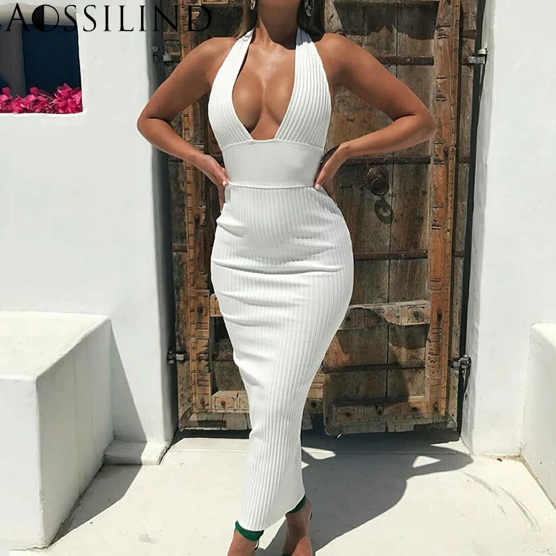 Женское трикотажное платье карандаш AOSSILIND Белое Облегающее Платье с открытой