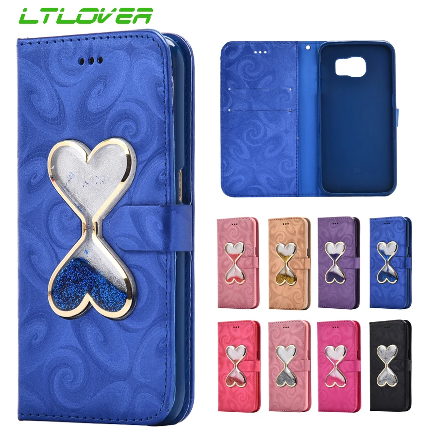 Coque для Galaxy S6 случаях 3D сердце любовь зыбучие пески жидкость Флип кожаный чехол