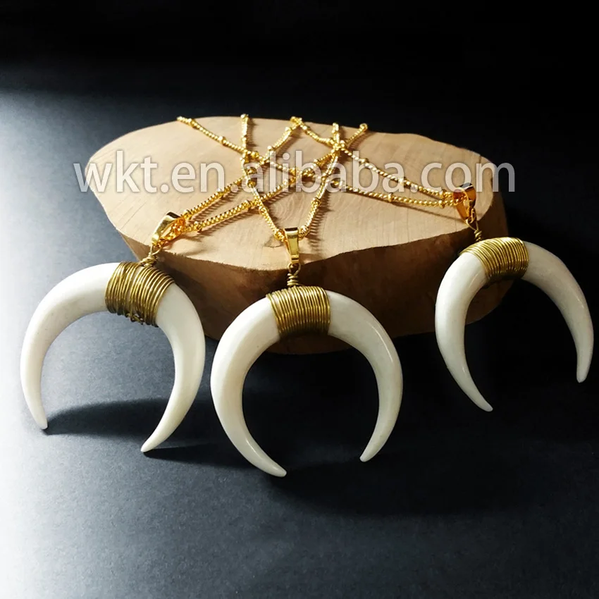 

Hot natural genuine OX bone horn necklace fashion crescent white bone necklace with beads chain