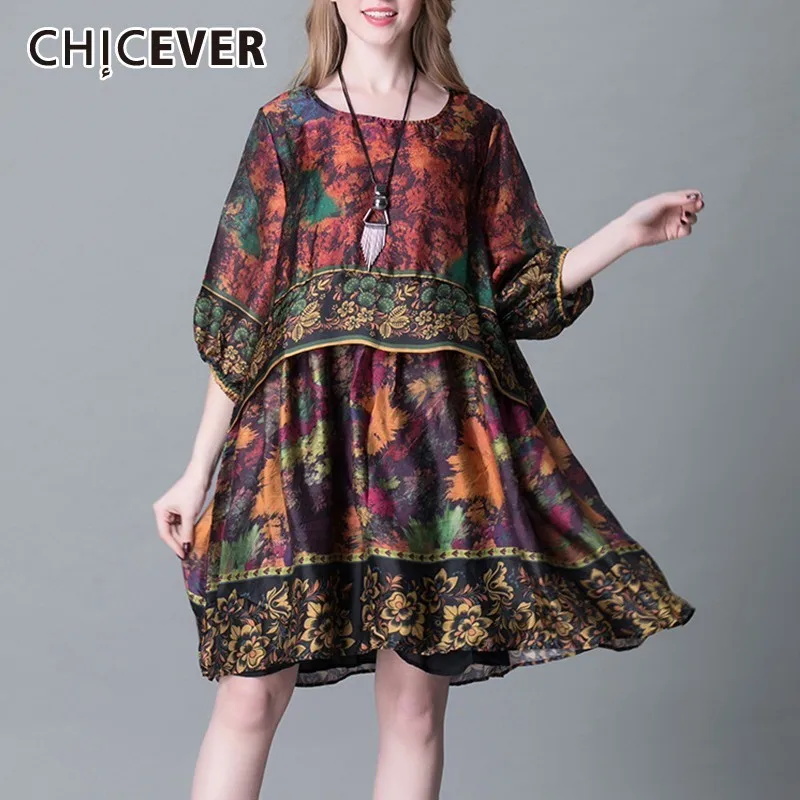 Женское винтажное мини платье CHICEVER летнее свободное трапеция с круглым вырезом и