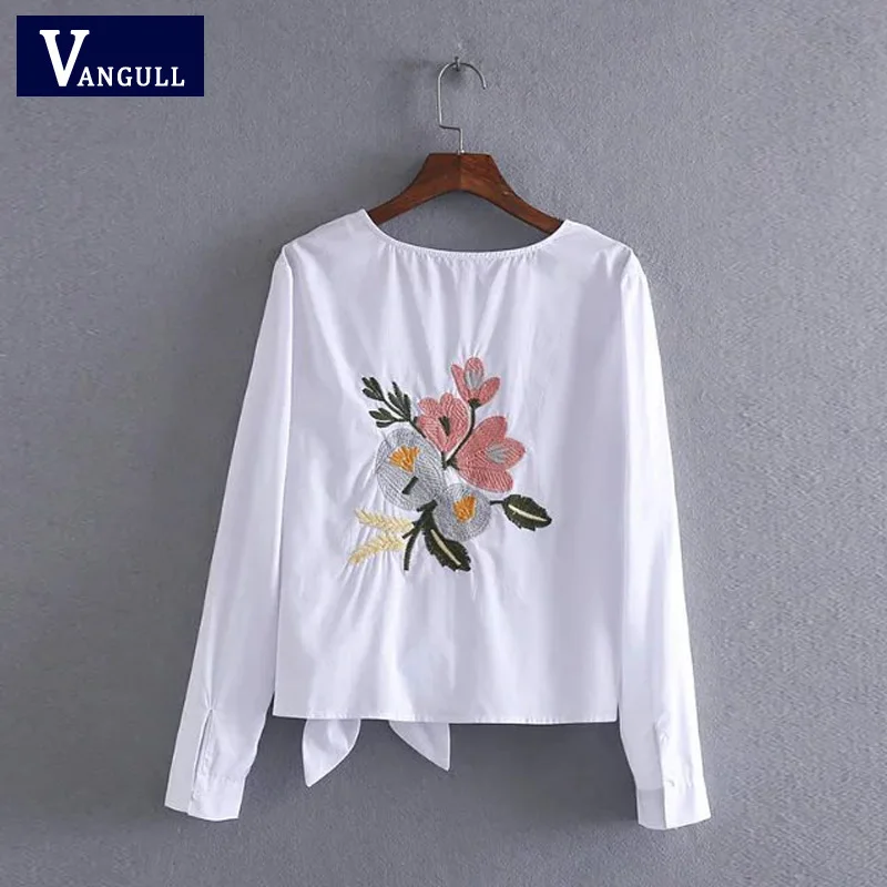 

Vangull Women cotton embroidery white blouse O- neck bow back flowers embroidered shirt Summer Casual Shirts female tops