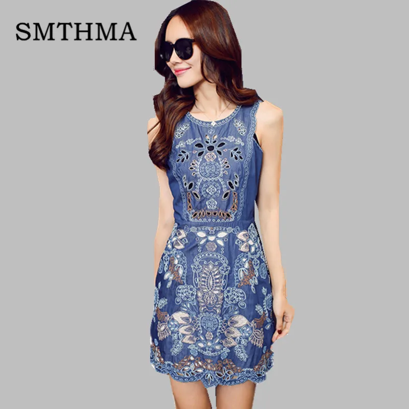 Photo Color SMTHMA, высокое качество, женские винтажные джинсовые платья с вышивкой,, летние, тонкие, элегантные, Ретро стиль, с цветочным рисунком, открытая жилетка, мини Vestidos - Цвет: Photo Color