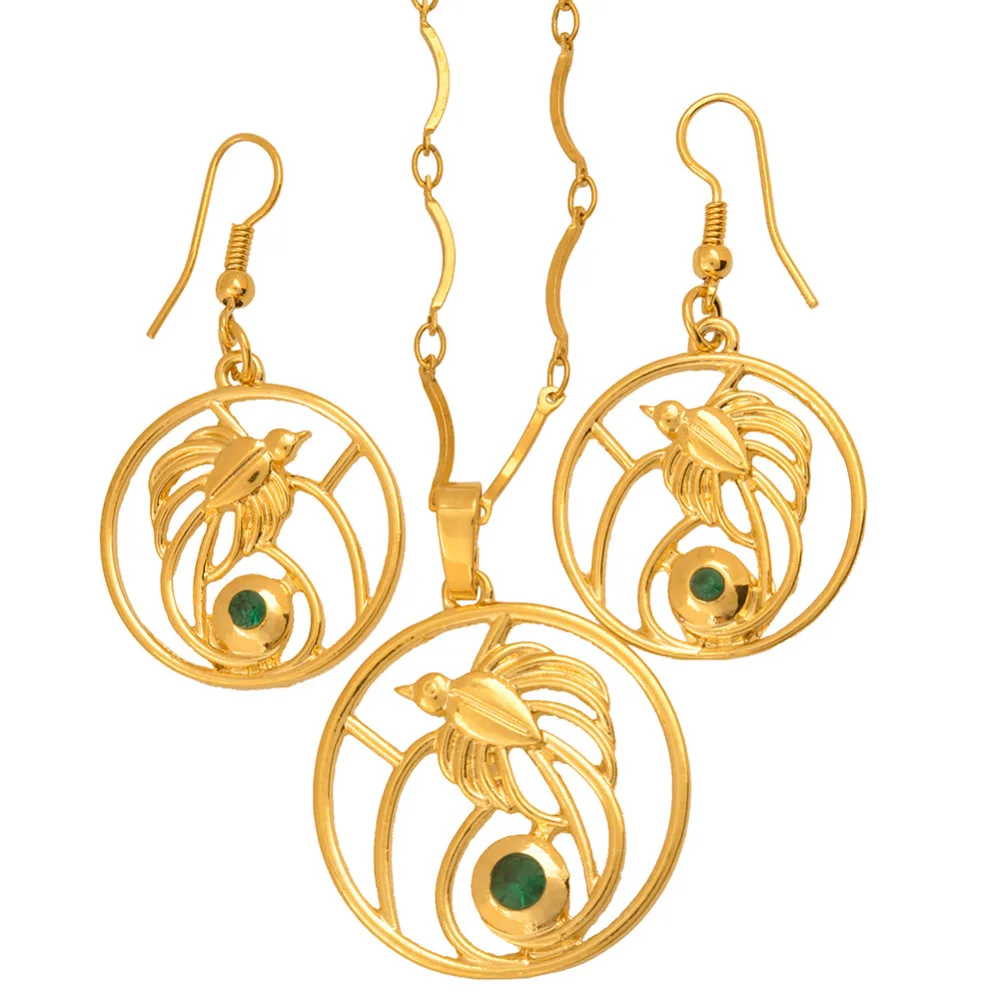 Ожерелье и серьги с подвеской в виде летающей птицы зеленым камнем|Ювелирные