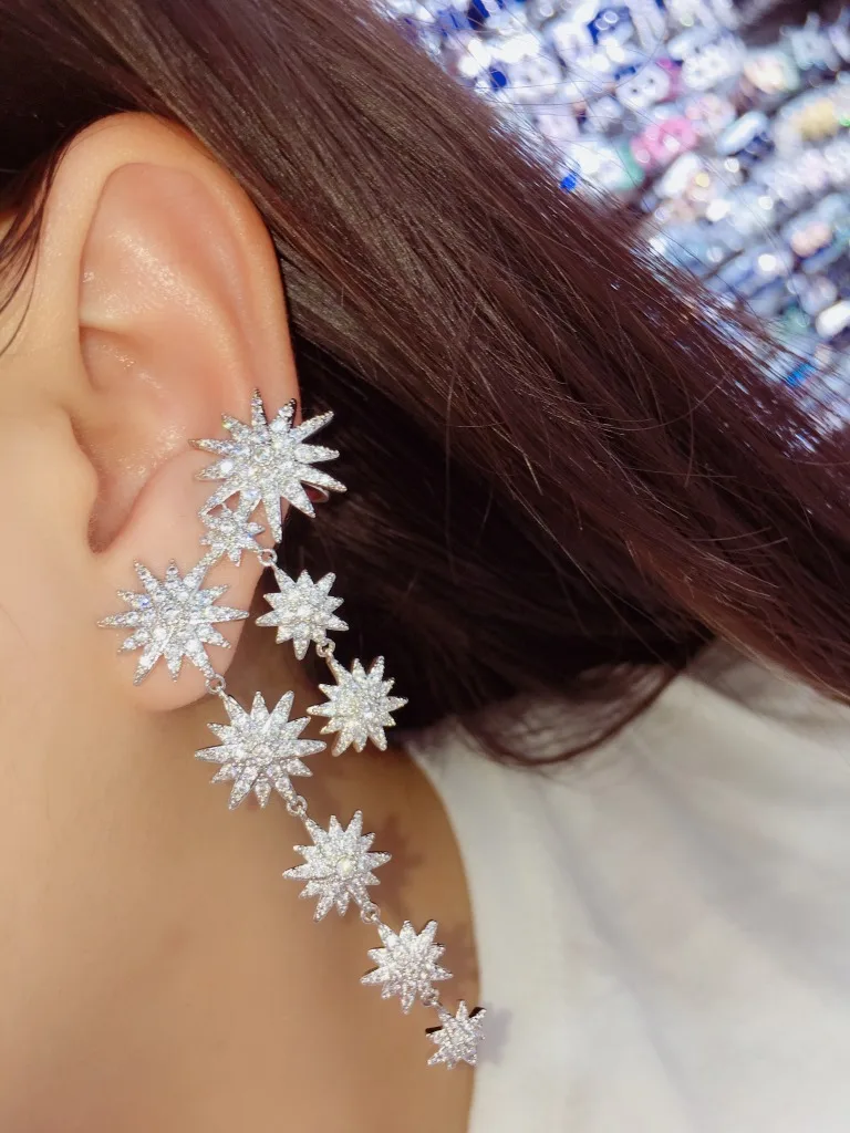 Dazz S925 Серебряный Модный Звезда Висячие блестящие клипсы с Цирконом Серьги для