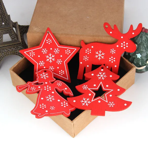 Mix 4 Type Red 8PCS White&Red Wooden Christmas Ornaments Pendants Wood Crafts Hanging Xmas Tree Ornament Kids Gift Christmas Party Decorations - Цвет: Mix 4 Type Red
