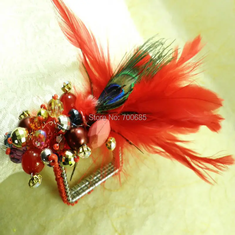 

red peacock feather napkin ring , gem napkin holder for wedding