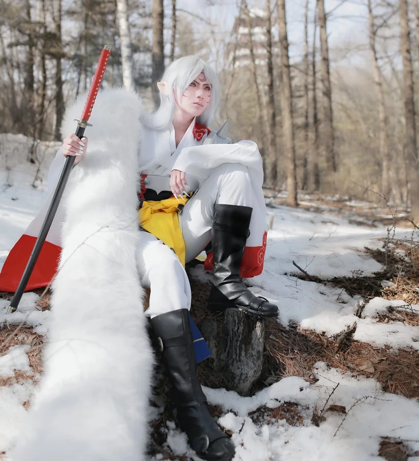 Аниме InuYasha Sesshoumaru косплей костюм кимоно+ полдроны+ хвост Полный комплект наряд Хэллоуин вечерние костюмы для взрослых для женщин/мужчин