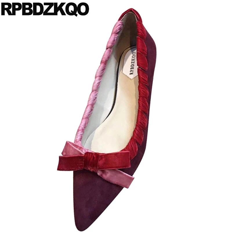 Red Wine Slip On Ladies Pointed Toe Chinese Women Flats Shoes With Little Cute Bowtie Footwear Suede Latest Designer 2021 Bow | Обувь