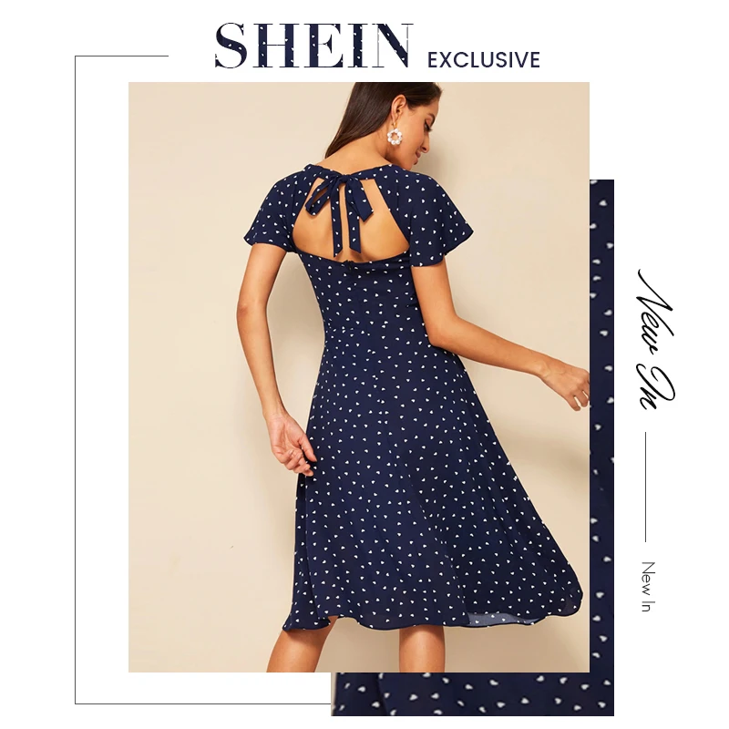 SHEIN женское платье с принтом в виде сердца, с рукавами-крылышками, с вырезом на спине,, темно-синее ТРАПЕЦИЕВИДНОЕ ПЛАТЬЕ С Высокой Талией, летнее элегантное платье с квадратным вырезом