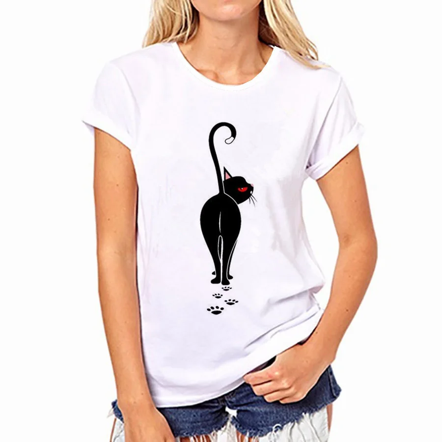 

YEMUSEED New Fashion Black Cat T-shirt Women Round neck T shirt Cool Tops Short Sleeve Tees WMT523