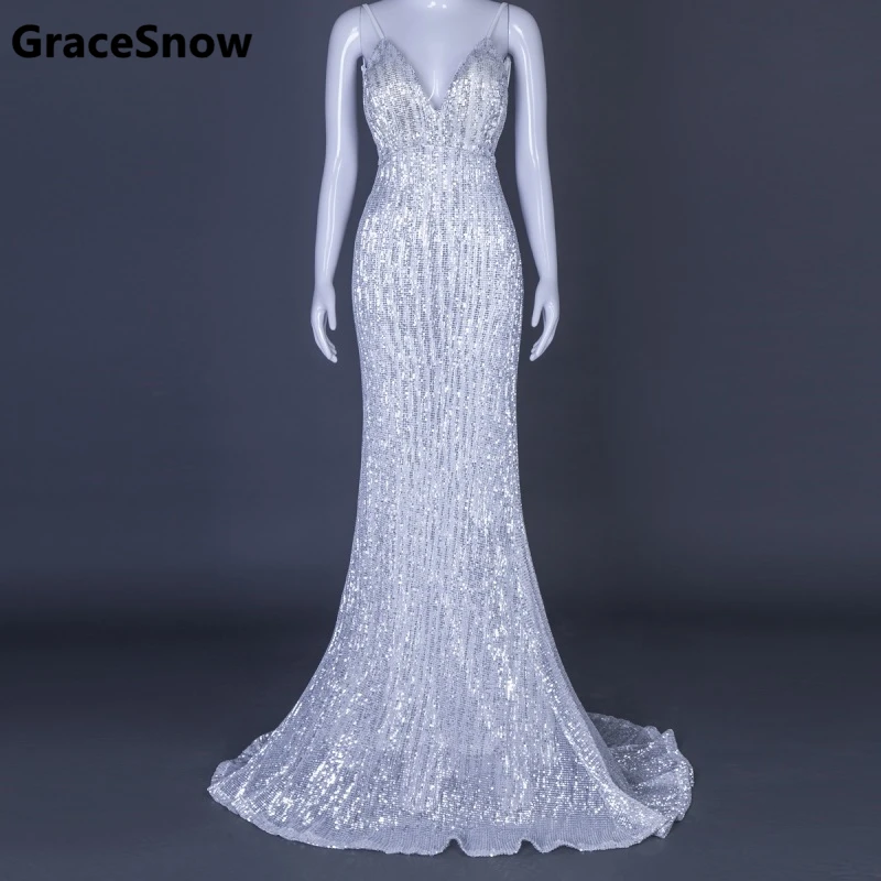 Пикантные серебряные Sequined Open Back Padded Платье Пол Длина серебро Блёстки без рукавов