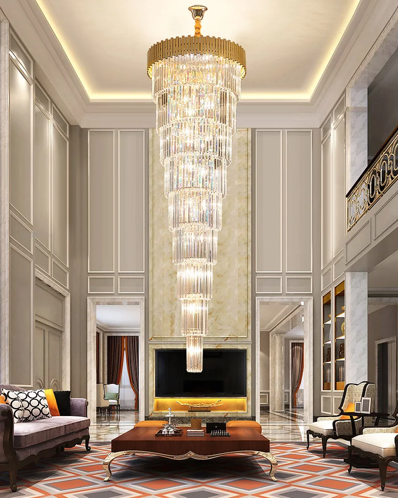 

crystal chandelier lamp light luxury living room hotel villa hall duplex spiral staircase long hanging lighting home decoration