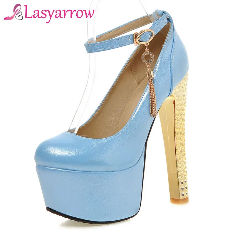 

Lasyarrow Ankle Strap Wedding Shoes Thick High Heels Shallow Round Toe Pumps Platform Shoes Woman Crystal Tassel Buckle RM481