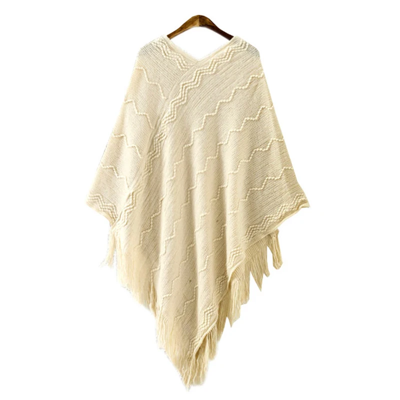 DSQUAENHD Winter Knit Tassel Hooded Cloak Women Casual Loose V-neck Wave Pattern Clothings Coats Batwing Cardigans Poncho |