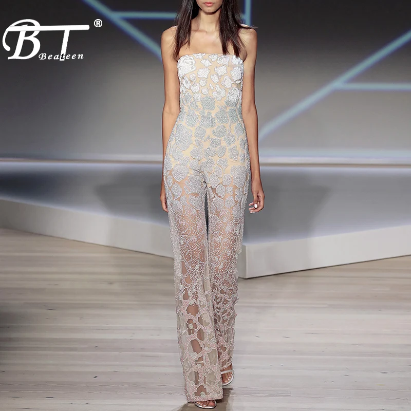 

Beateen 2019 New Fashion Strapless Sleeveless Hollow Out Lace Sexy Women Party Runway Sexy Club Jumpsuit