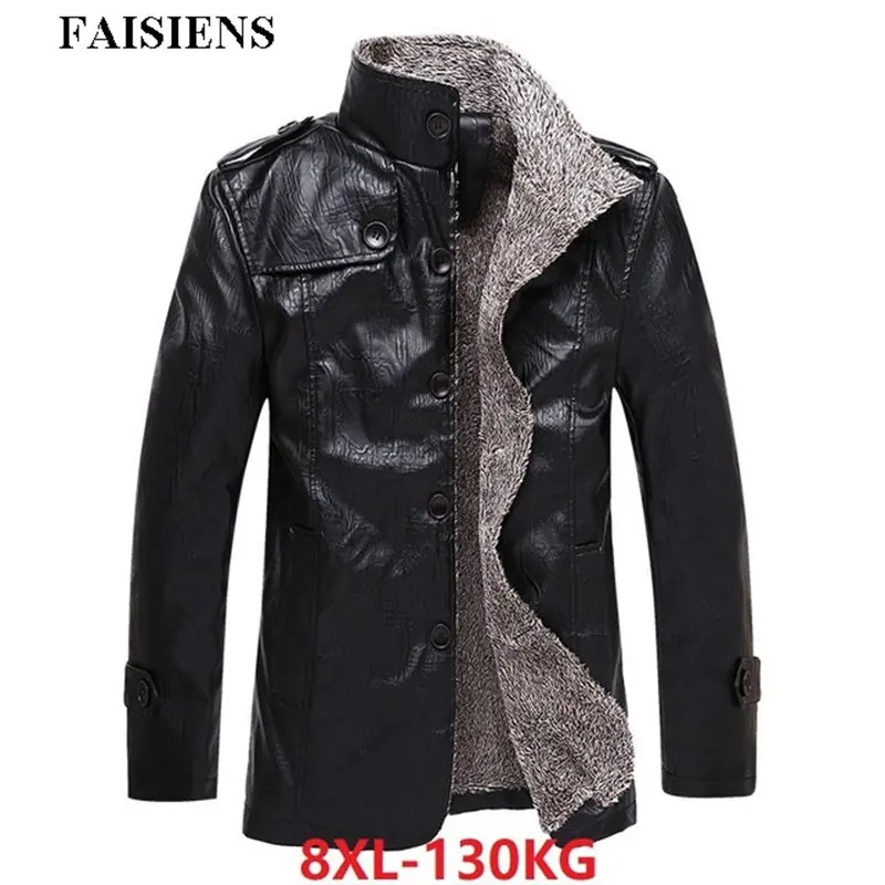 Искусственная кожа PU мужские парки 8XL коричневый Epaulet модные куртки Зимние