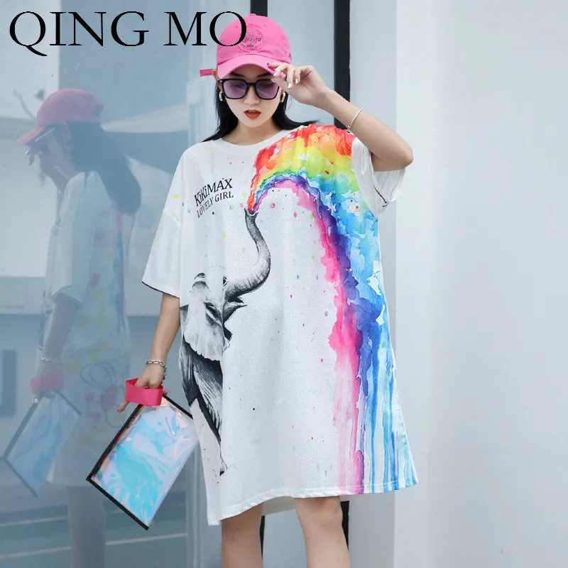 QING MO белое платье с принтом слона женское градиентом и рампой 2019 летнее