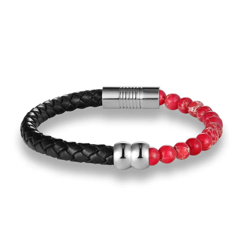 Браслет MKENDN из натуральных бусин на нитке с кожаным браслетом лавового камня для