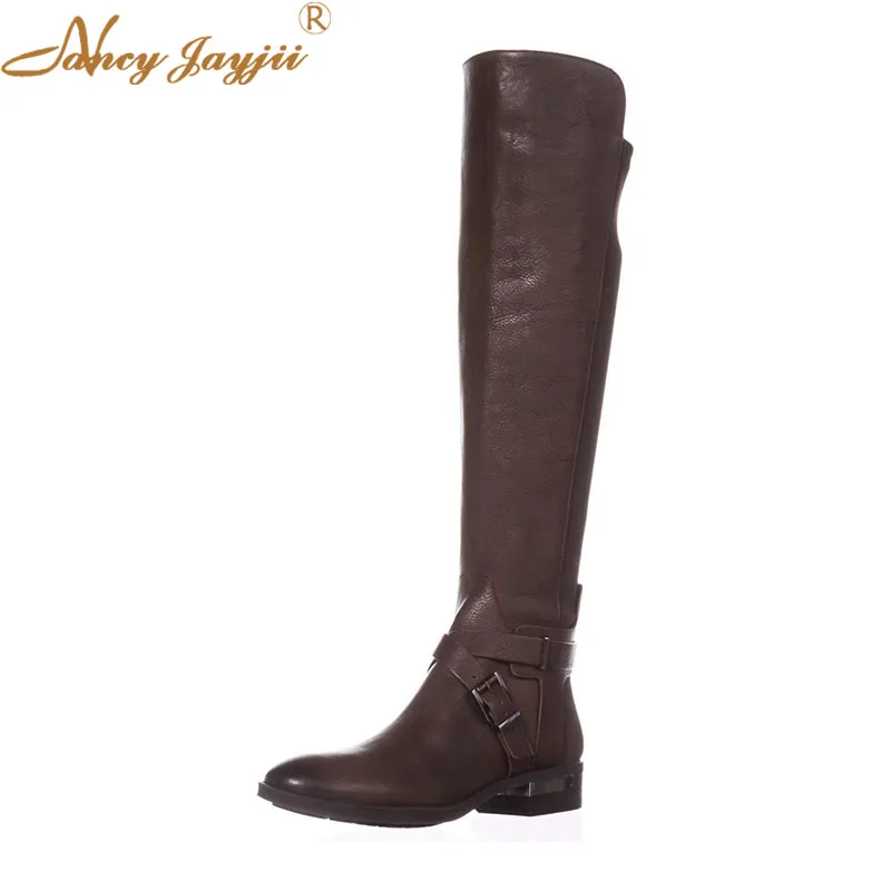 

Winter Woman Shoes Adult Boots knee-High Brown Slip-On Buckle Med Square Heels Mature Zipper Leisure 2019 3cm~5cm Classic