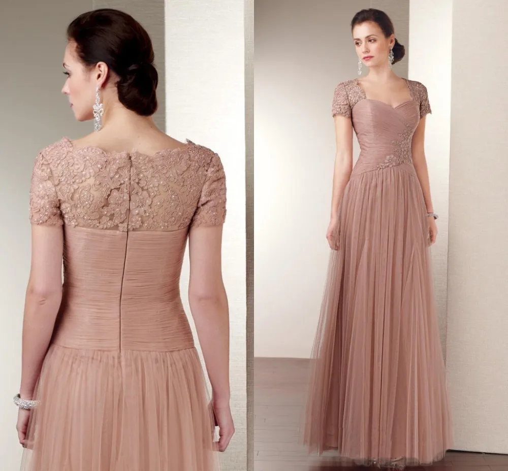 Champagne Mother of the Bride Dresses Cap Sleeves Floor Tulle Lace Appliques for Wedding Party Long Dress Sweethear 2014 t | Свадьбы и