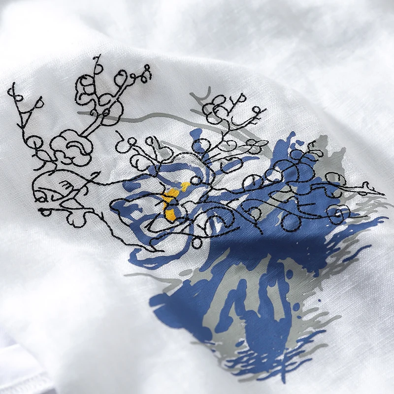 Новое поступление 2018 Льняная мужская футболка с вышивкой и принтом короткими