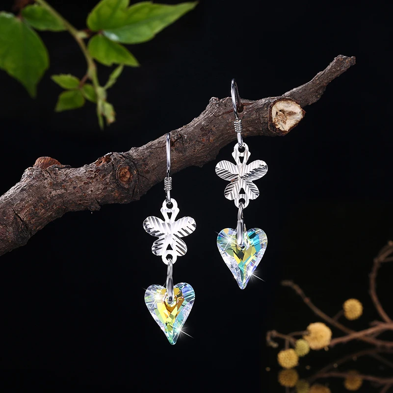 Fashion Shining Colorful Crystal Heart Drop Earrings for Women Trendy Real 925 Sterling Silver Dangle Jewelry | Украшения и