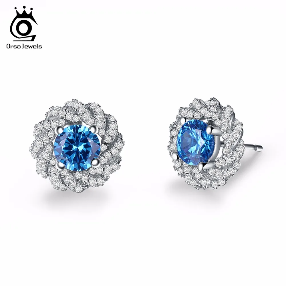 ORSA JEWELS Роскошные сережки-гвоздики серебряного цвета с микро проложенным 0.7ct синим AAA кубическим цирконием, цветочные серьги для женщин OE151