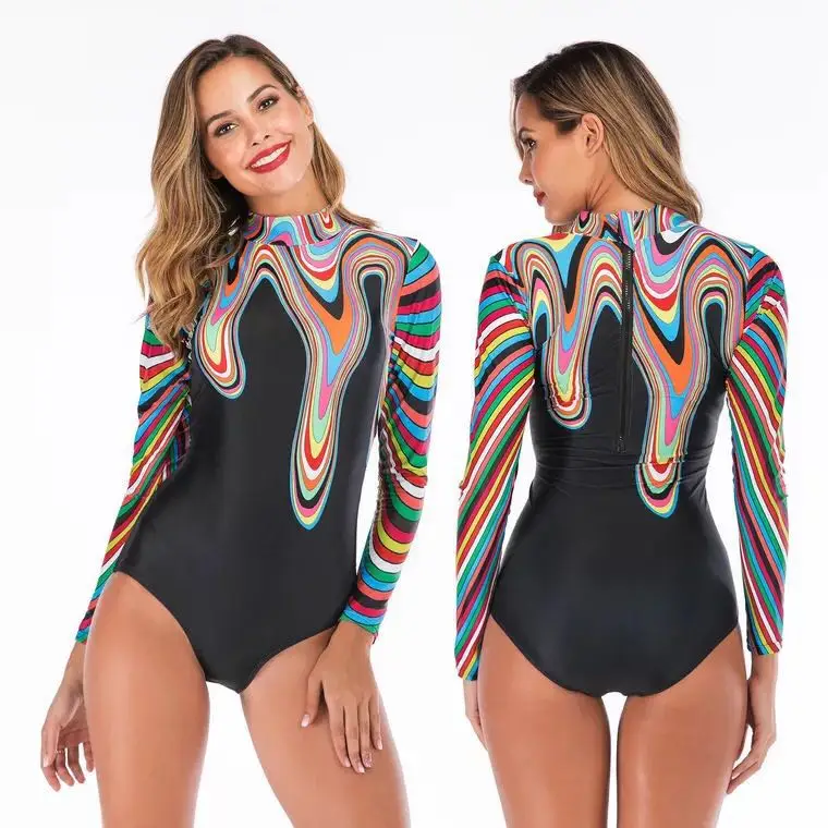 Слитный купальник с принтом Rashguard 2019 длинными рукавами женский купальный костюм