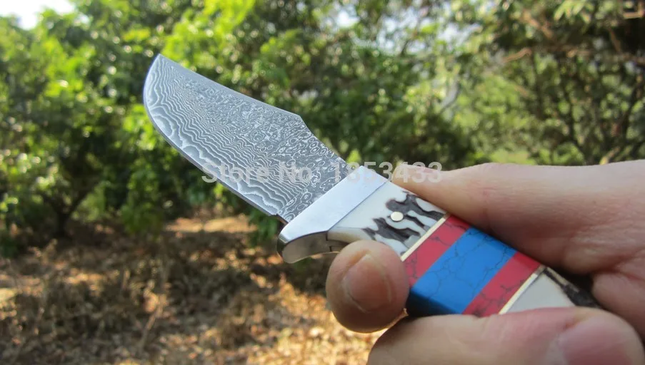 Дамасский фиксированный нож охотничий Олень Рог двухцветная ручка боевой прямой