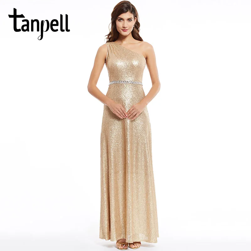 Вечернее платье с блестками Tanpell Золотое Платье на Одно Плечо в пол для