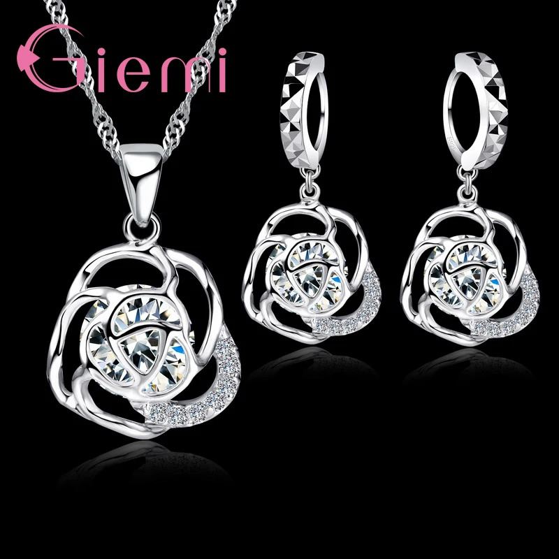 

New Shinning Crystal Jewelry Sets Women Elegant hollow flower Design Party Gift 925 Sterling Silver Necklace Earrings Sets