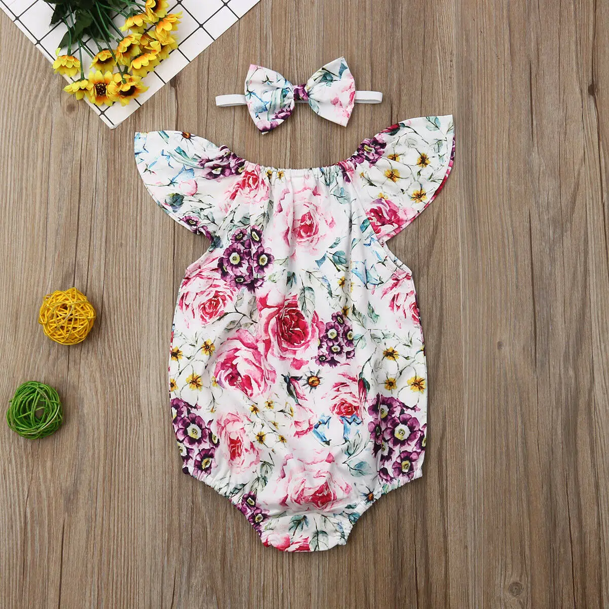 

2Pcs Newborn Kids Baby Girls Clothes Sleeveless Romper Tops+Headband Outfits Set Baby Girls clothes Flower 2PCS cotton