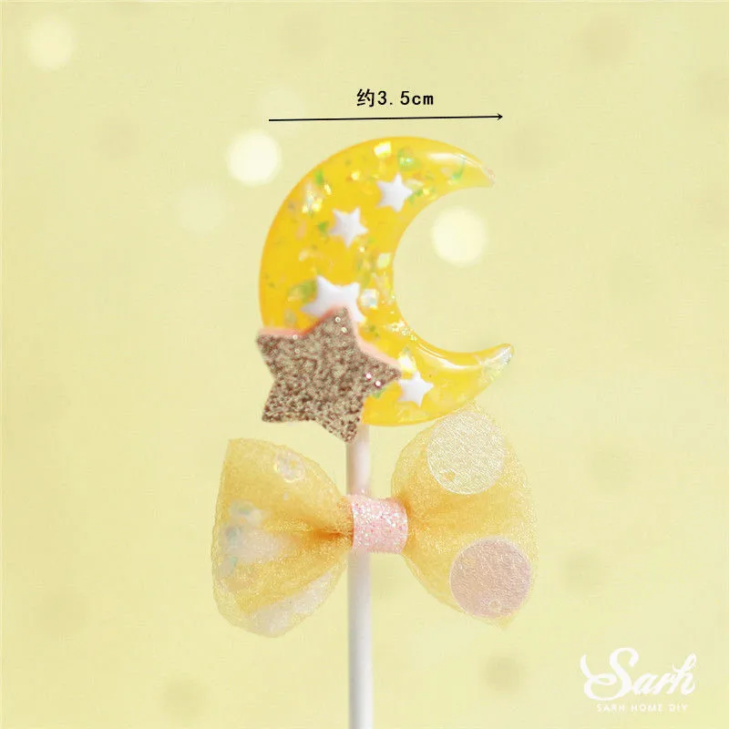 2pc yellow moon star Луна Звезда медведь украшения кролик счастливые топперы для торта на день рождения для свадебной вечеринки дети ребенок выпечки украшения сладкие подарки - Цвет: 2pc yellow moon star