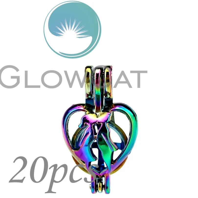 

20x CC609 Rainbow Colors Lover Kiss Heart Beads Cage Jewelry Making Essential Oil Diffuser Oyster Pearl Cage Locket Pendant