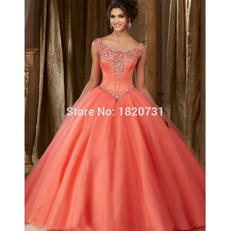 Vestidos de 15 anos коралловый Бальные платья бальное платье Роскошные бисером съемный плечо Дешевые дебютантка Вечерние