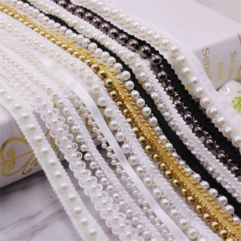 

3 Yards White/black Pearl Beaded Lace Trim Tape Lace Ribbon African Lace Fabric Collar Dress Sewing Garment Headdress Materials