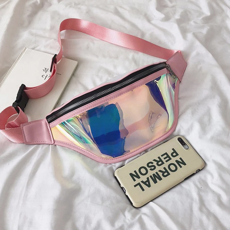 Holographic Fanny Pack Laser Waist Pack for Women Fashion Belt Bum Bag Waterproof Transparent Clear Punk