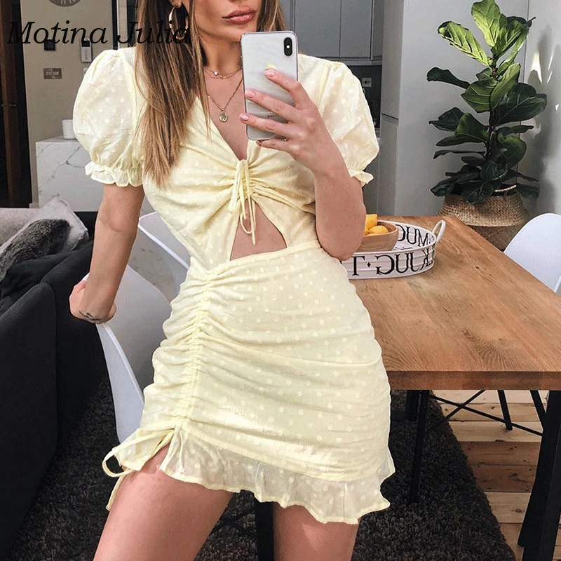 Motina Julia 2019 trendy dot print cotton dress boho beach ruffle mini streetwear day female vestidos | Женская одежда