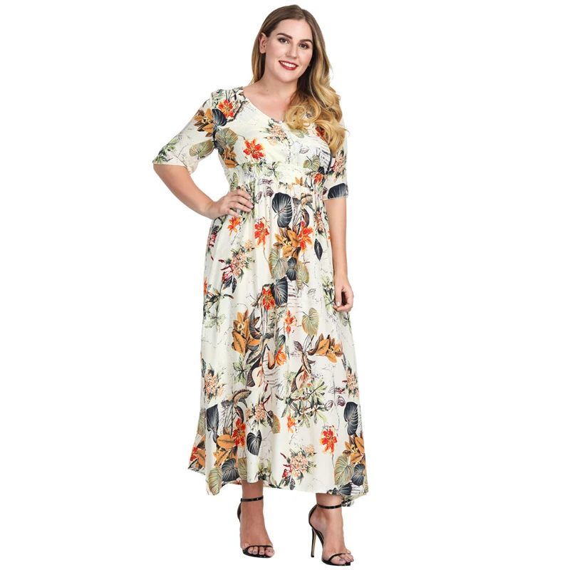 

7XL Plus Size Large Dress Women Flower Long Dress Summer Half Sleeve Women Clothing V Neck Print Fashion One Piece 5XL 6XL 7XL