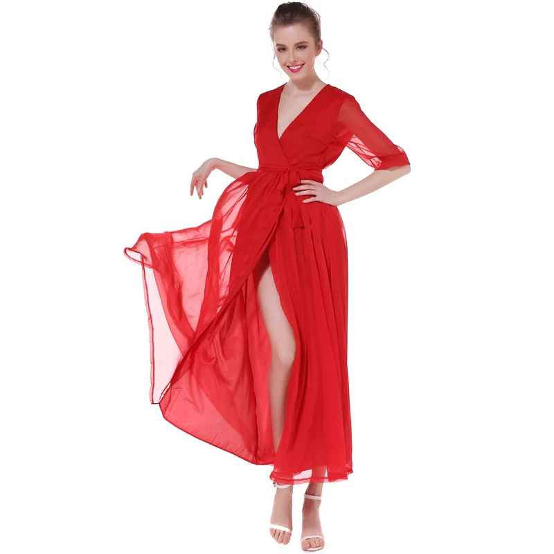 Красное летнее шифоновое платье для женщин 2018 винтажное открытое раздельное