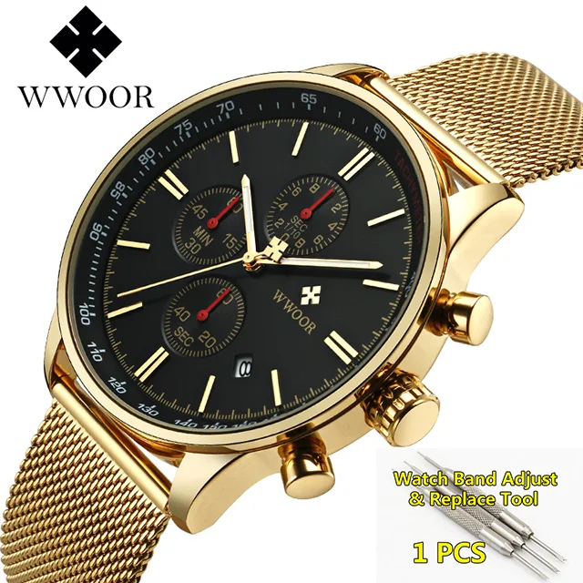 gold black Мужские часы, мужские часы от ведущего бренда, роскошные часы WWOOR с хронографом, золотые мужские наручные часы в стиле милитари, мужские часы s - Цвет: gold black