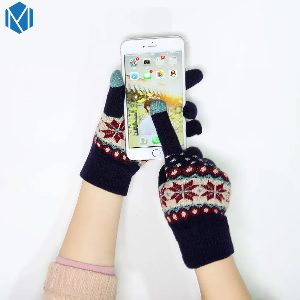 Women Warm Gloves Female Thick Knitted Snowflake Full Finger Winter Christmas Mittens Screen Sense Mitaine Femme Luvas | Аксессуары для