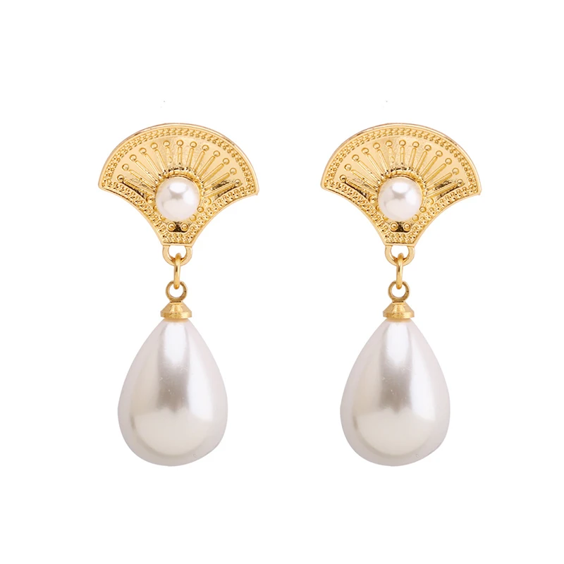 SRCOI Gold Alloy Fan Water Drop Faux Pearl Earrings Dangle Korean Elegant Long Women Girls Party Wedding Bride | Украшения и