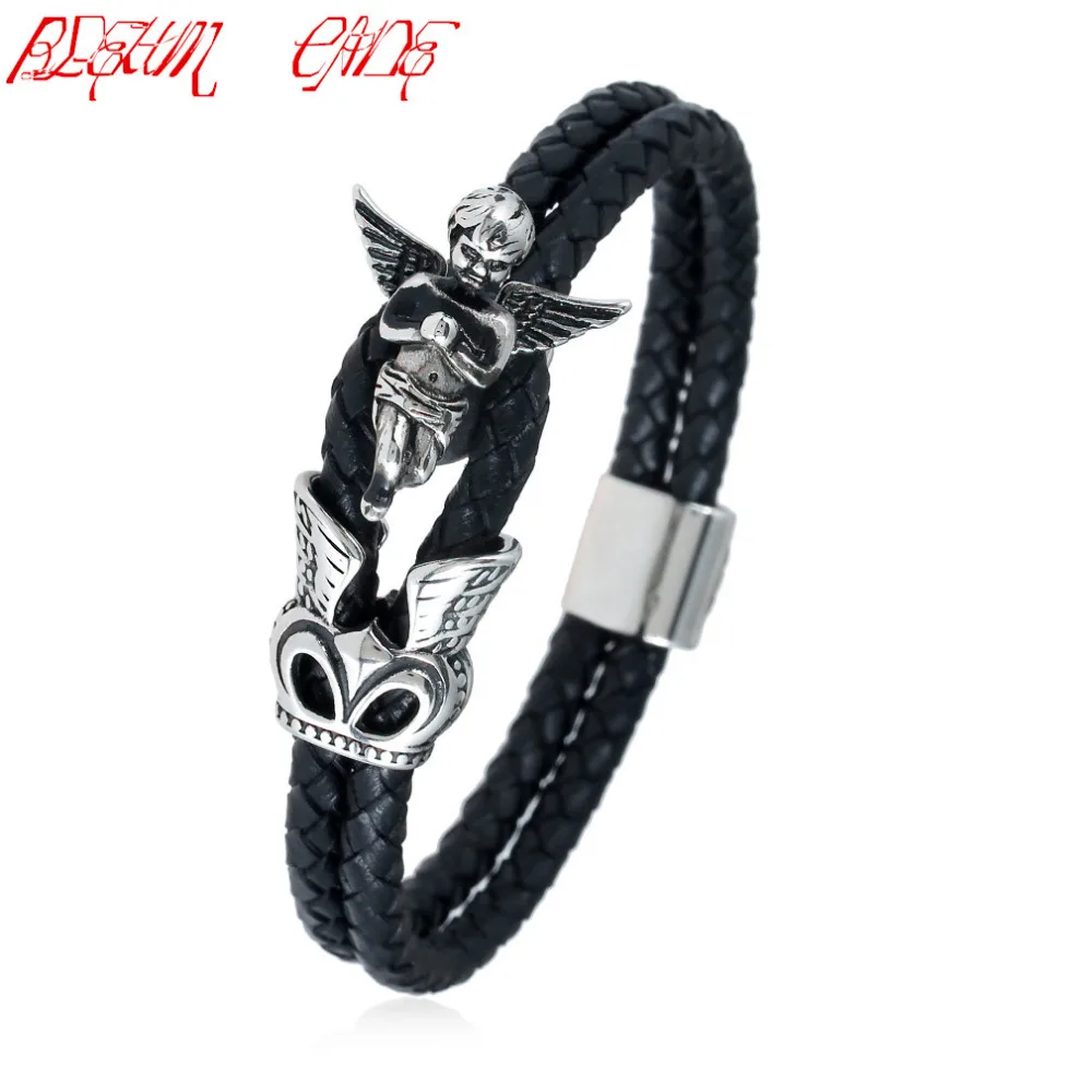 Genuine Leather Bracelet Men Angel Wings Stainless steel Bracelets | Украшения и аксессуары