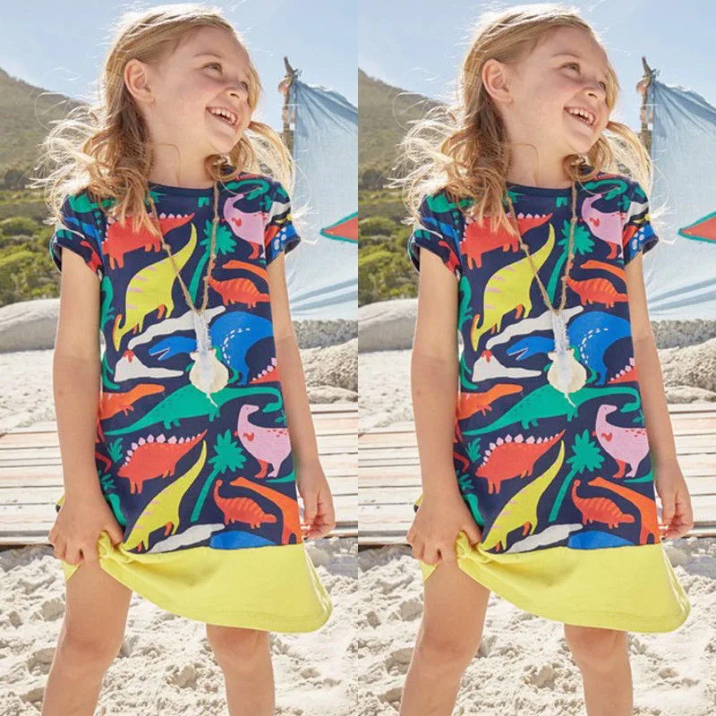 2018 Summer Cute Baby Kids Girls Dinosaur Print Princess Dress O-Neck Short Sleeve Costume 1-6T | Детская одежда и обувь